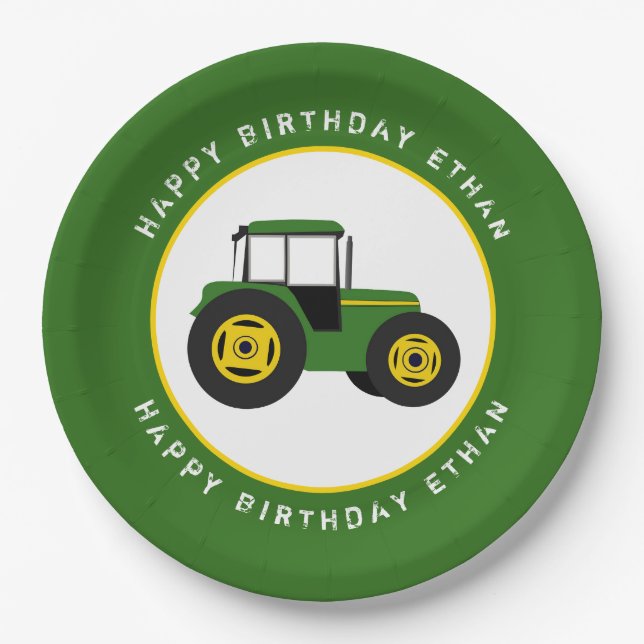 Green Tractor Birthday Custom Paper Plates (Front)