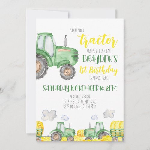 Green Tractor Birthday Invitation