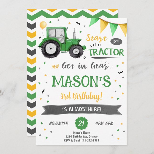 Green Tractor Birthday Invitation (Front/Back)