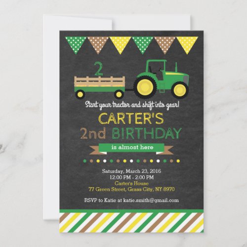 Green Tractor Birthday Invitation