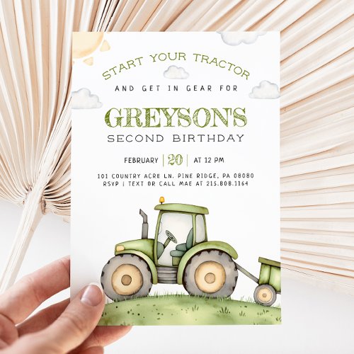 Green Tractor Birthday Invitation