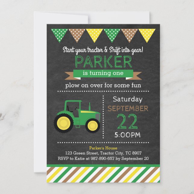 Green Tractor Birthday Invitation (Front)