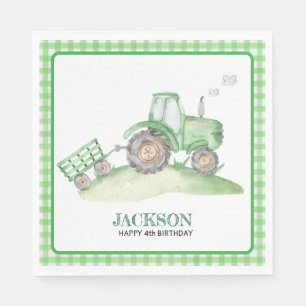 Green Tractor birthday napkins checkered gingham