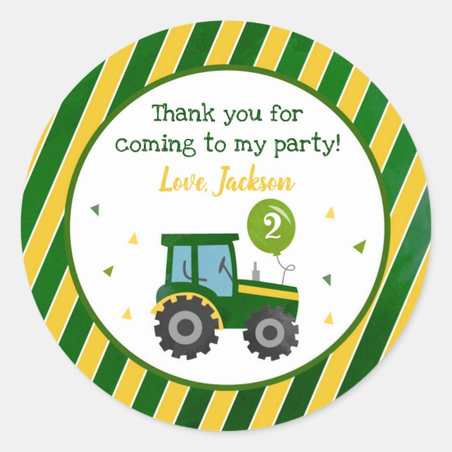 Green Tractor Birthday Party Favor Stickers (Front)