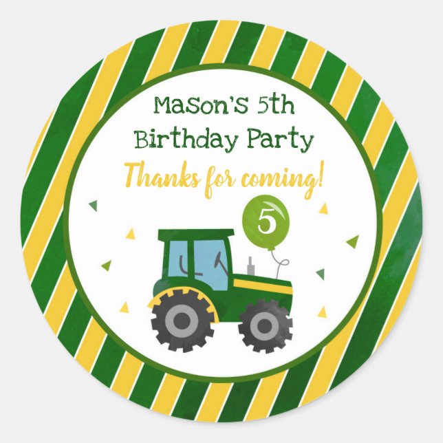 Green Tractor Birthday Party Favor Stickers Labels (Front)