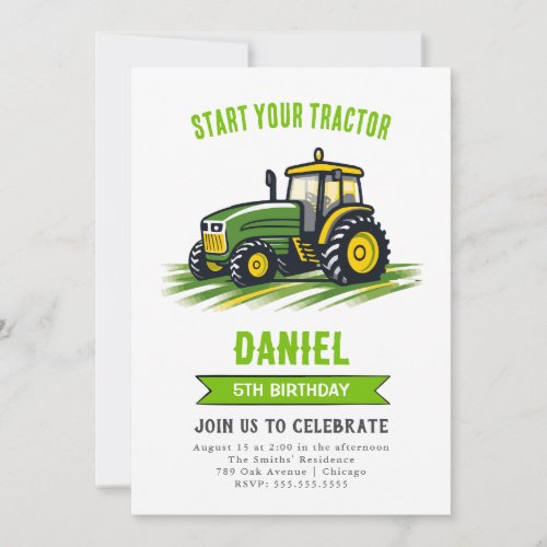 Green Tractor Birthday Party Invitation