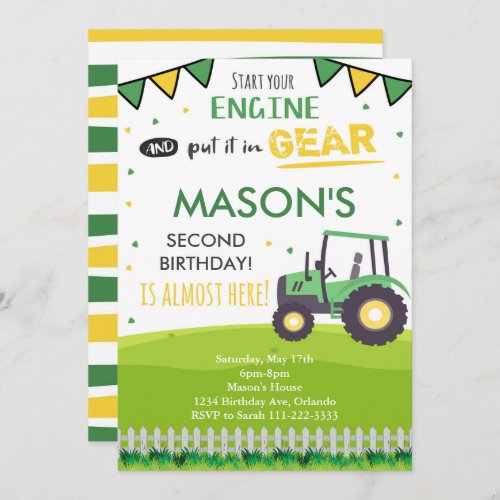 Green Tractor Birthday Party Invitation