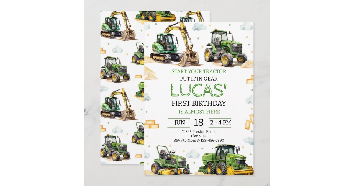 Green Tractor Birthday Party Invitation | Zazzle