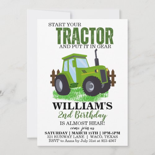 Green Tractor Birthday Party Invitation