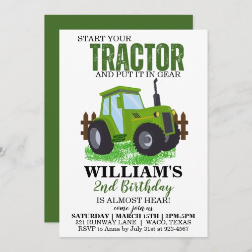 Green Tractor Birthday Party Invitation