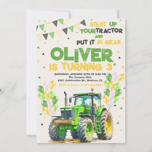 Green Tractor Birthday Party Invitation