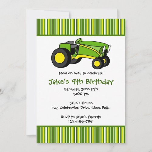 Green Tractor Birthday Party Invitations