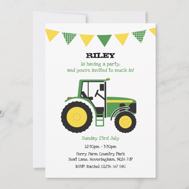 Green Tractor Birthday Party Invite (Front)