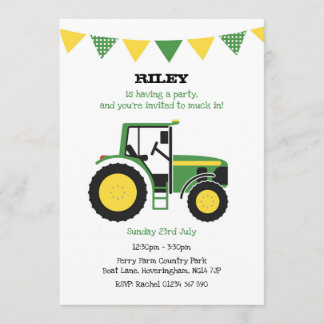 Green Tractor Birthday Party Invite