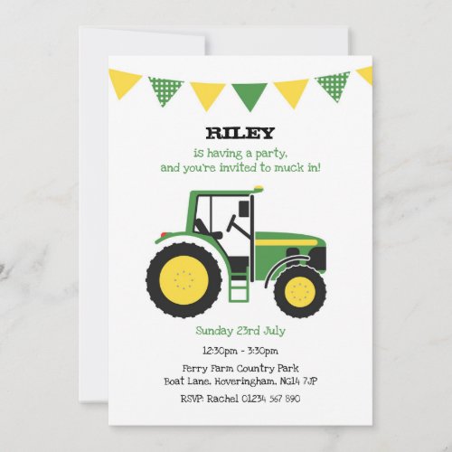 Green Tractor Birthday Party Invite