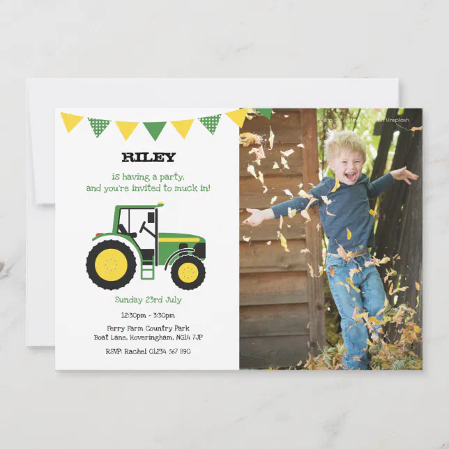 Green Tractor Birthday Party Invite With Photo Zazzle