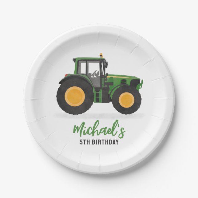 Green Tractor Birthday Party Paper Plates (Front)