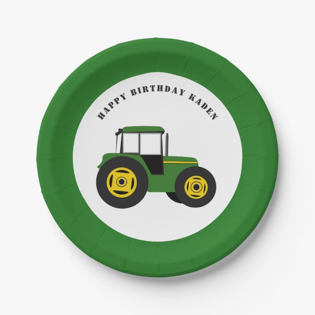 Green Tractor Birthday Personalized Paper Plates (Front)
