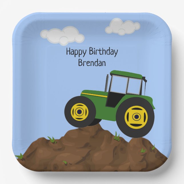Green Tractor Birthday Personalized Paper Plates (Front)