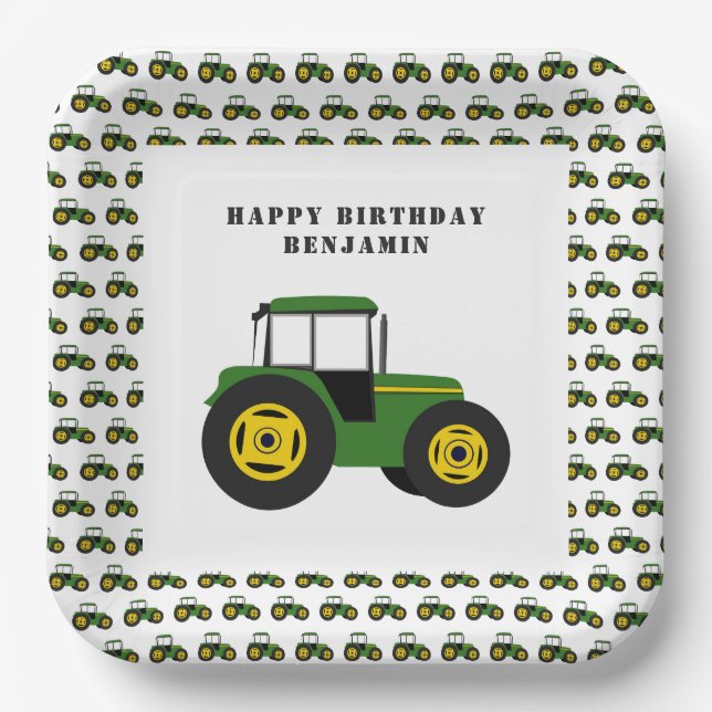 Green Tractor Birthday Personalized Paper Plates (Front)