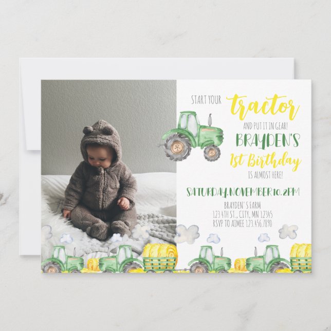 Green Tractor Birthday Photo Invitation (Front)