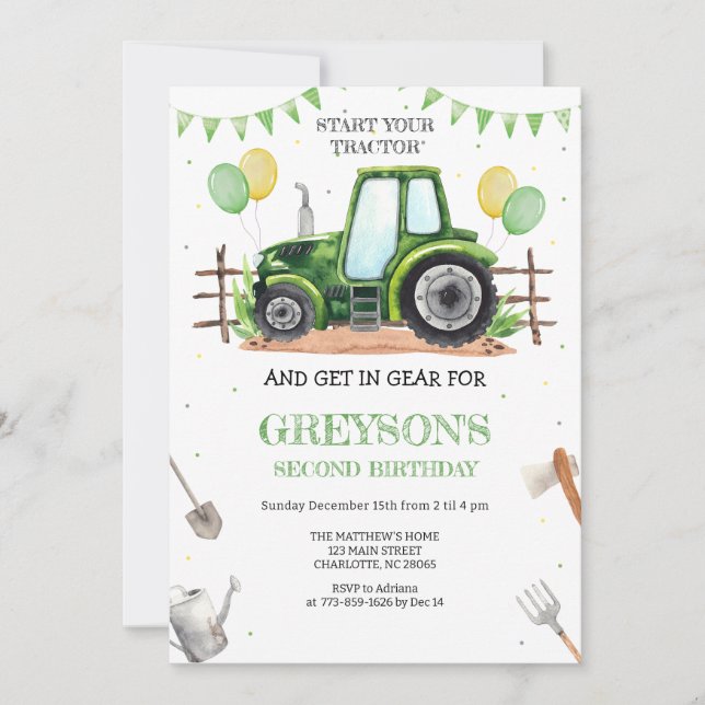 Green Tractor Boy Birthday Invitation (Front)