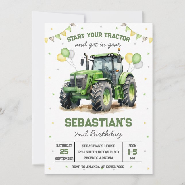 Green Tractor Boy Birthday Invitation (Front)