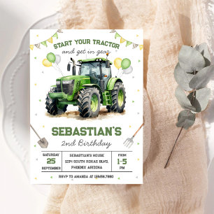 Green Tractor Boy Birthday Invitation
