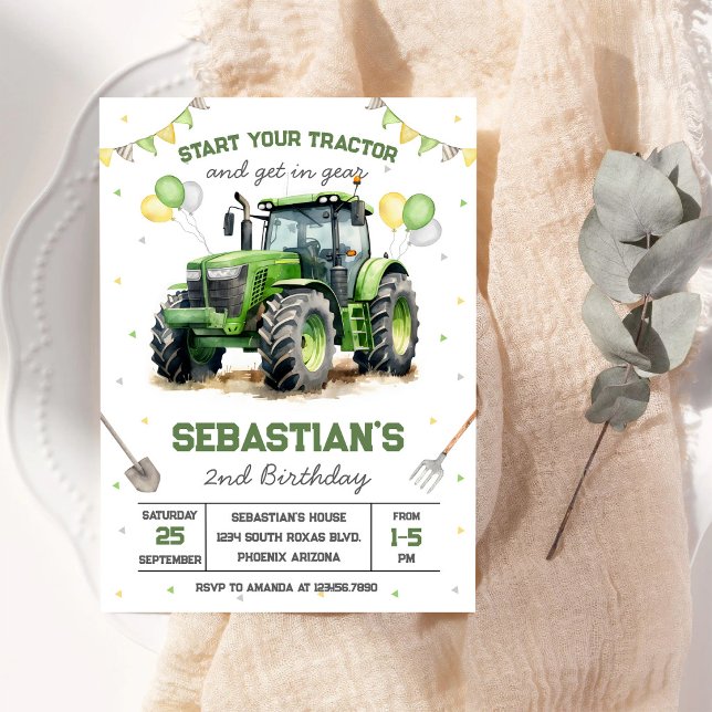 Green Tractor Boy Birthday Invitation (Creator Uploaded)