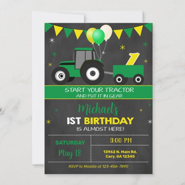 Green tractor boy's 1st first birthday invitation. invitation (Front)
