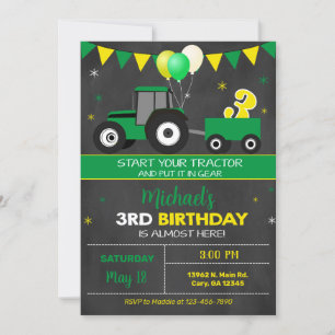 Green tractor boy's 3rd third birthday invitation. invitation