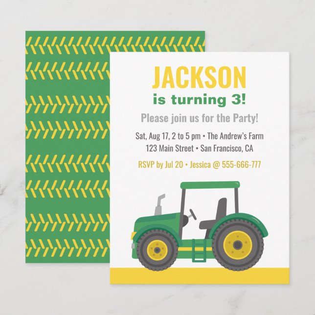 Green Tractor Boys Birthday Party Invitation (Front/Back)