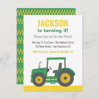 Green Tractor Boys Birthday Party Invitation