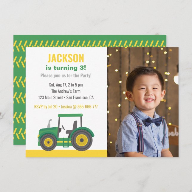 Green Tractor Boys Birthday Party With Photo Invitation (Front/Back)