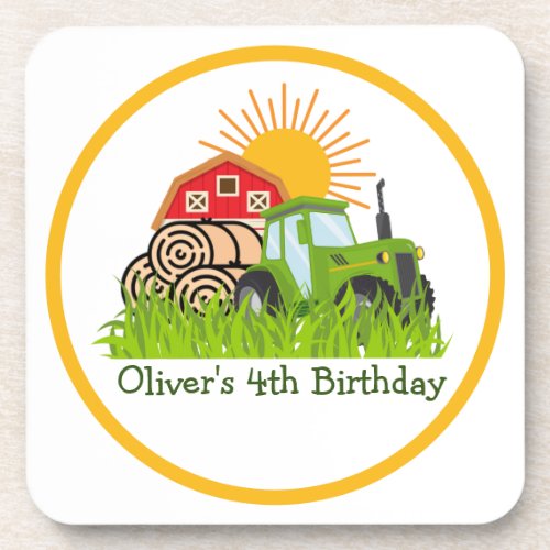 Green Tractor  Boys Themed Birthday Party Beverage Coaster