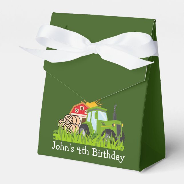 Green Tractor |	Boys Themed Birthday Party Favor Boxes (Front Side)
