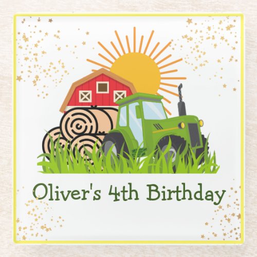 Green Tractor  Boys Themed Birthday Party Glass Coaster