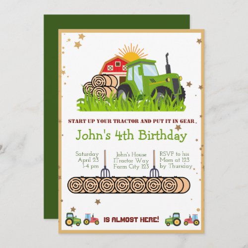 Green Tractor 	Boys Themed Birthday Party Invitation