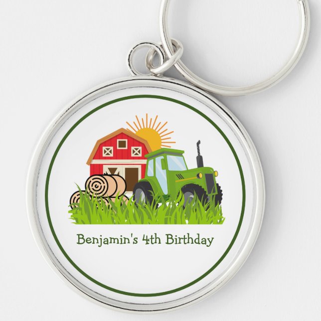 Green Tractor | Boys Themed Birthday Party Keychain (Front)