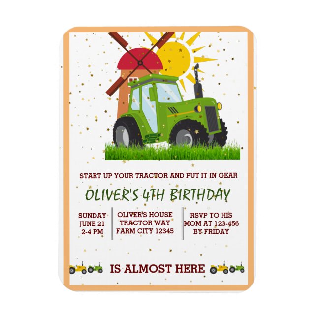 Green Tractor Boys Themed Birthday Party  Magnetic Magnet (Vertical)