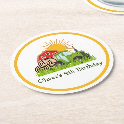 Green Tractor  Boys Themed Birthday Party Round Paper Coaster
