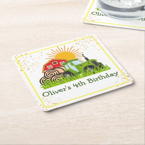 Green Tractor  Boys Themed Birthday Party Square Paper Coaster