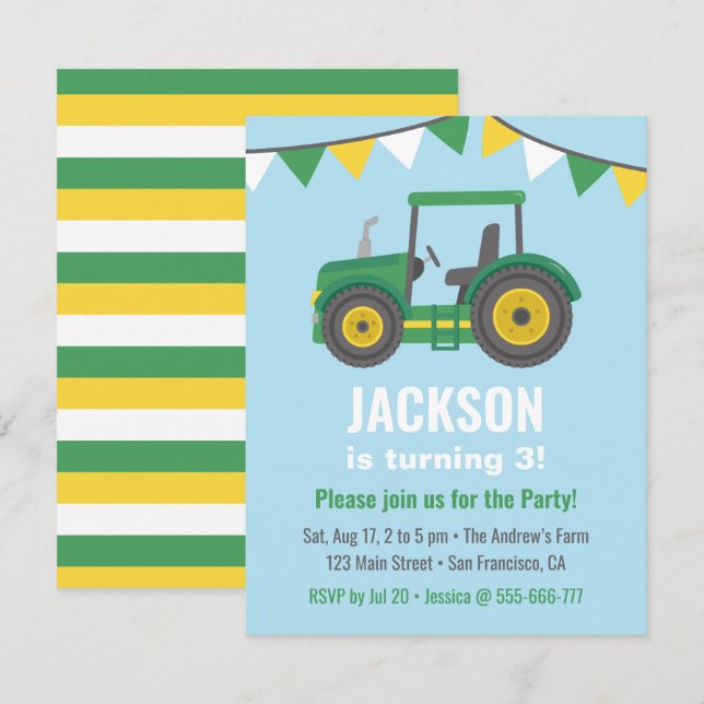 Green Tractor Bunting Flags Boys Birthday Party Invitation (Front/Back)