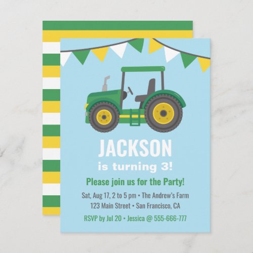 Green Tractor Bunting Flags Boys Birthday Party Invitation