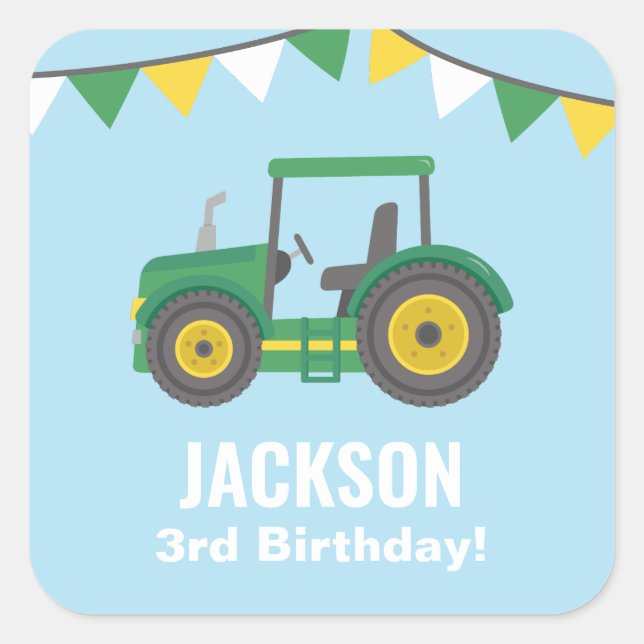 Green Tractor Bunting Flags Boys Birthday Party Square Sticker (Front)