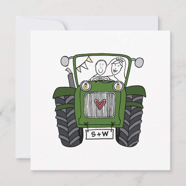 Green Tractor Country Wedding Invitation (Front)