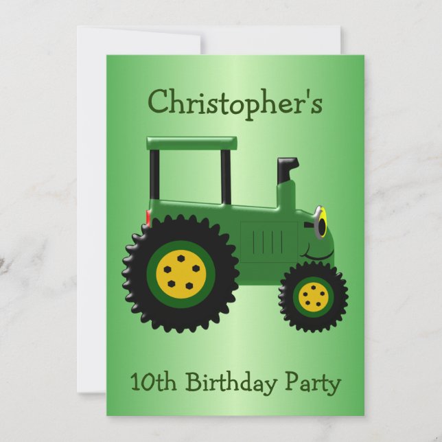 Green Tractor Design Personalised Birthday Party Invitation (Front)