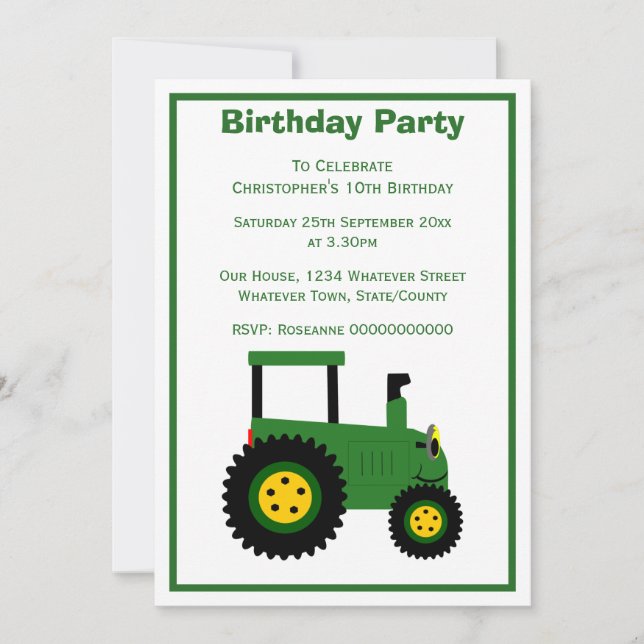 Green Tractor Design Personalised Birthday Party Invitation (Front)