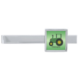 Green Tractor Design Silver Finish Tie Clip