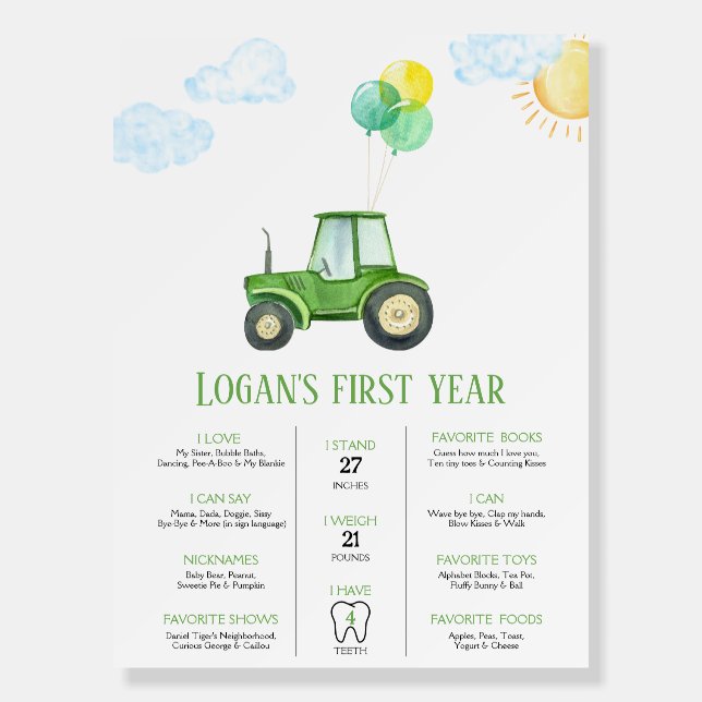 Green Tractor Farm 1st Birthday Milestone  Foam Board (Front)